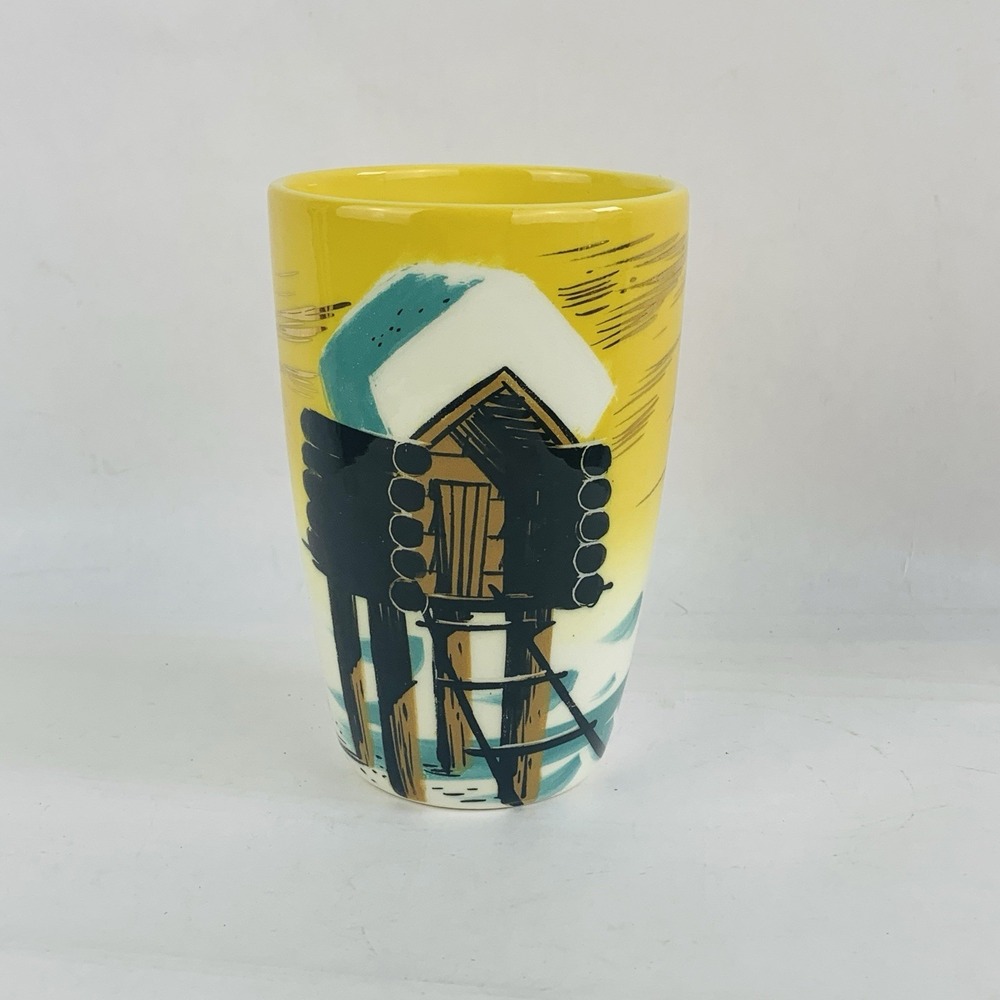 Vtg Matthew Adams Pottery Cup Tumbler Alaska Snow Cabin Food Cache Alaskana MCM